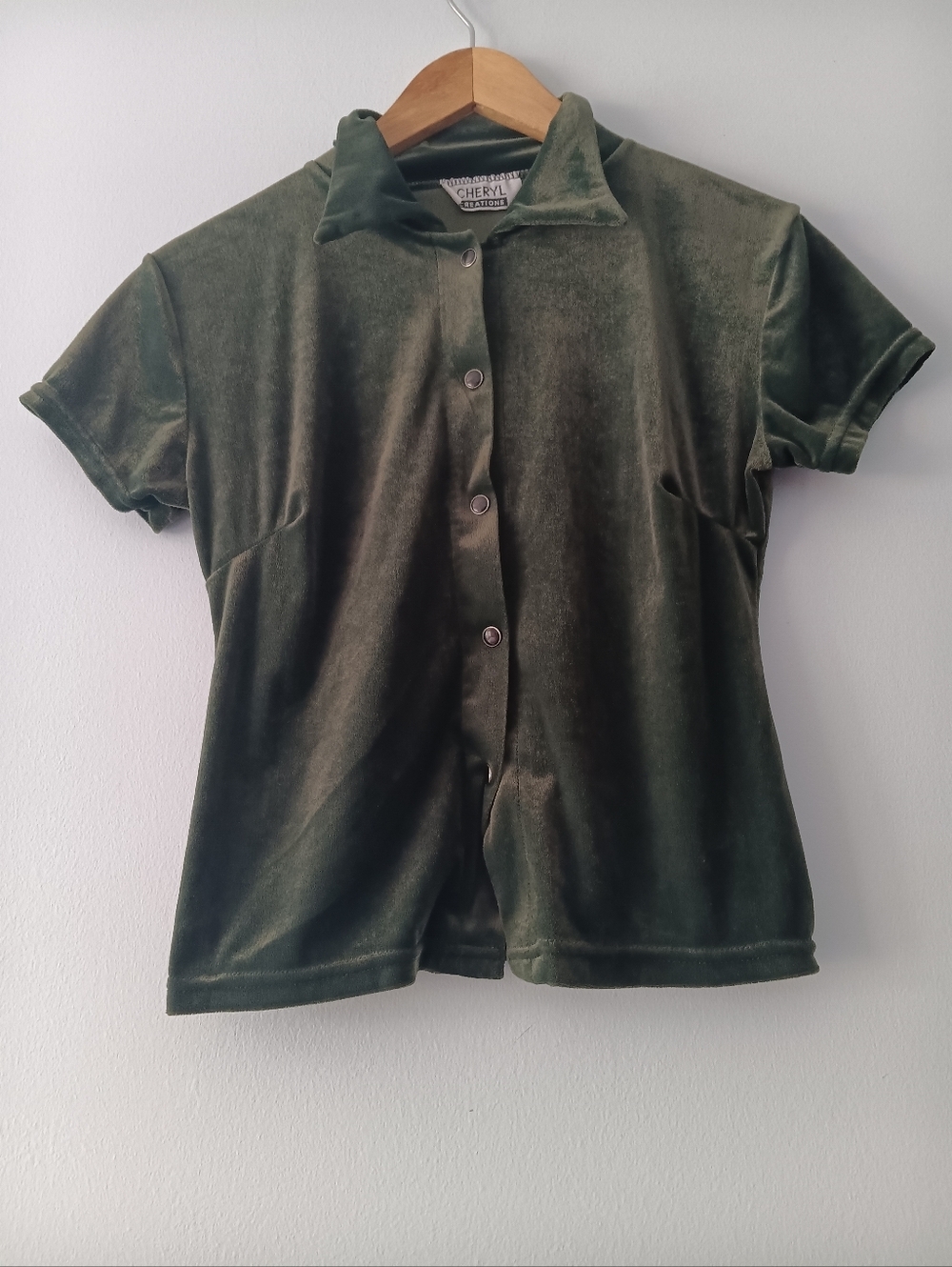 Vintage Cheryl Creations Olive Green Velvet Button Front Collared Top S